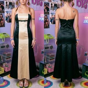 Jessica McClintock Vintage 90s Y2K Black & Gold Satin Prom Party Dress sz 5/6